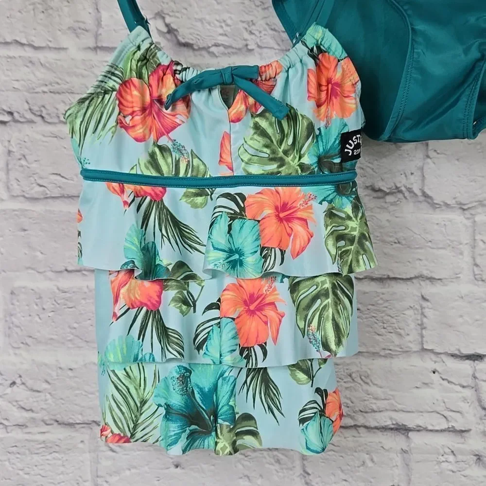 Tropical Hibiscus Tankini Girls M 10 Justice Ruffle 2pc Swimsuit Teal Floral